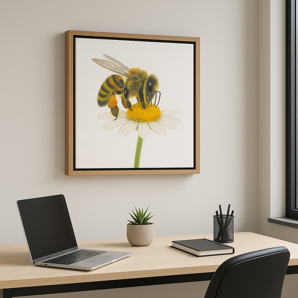 Framed artwork of a bee on a flower above a desk with a laptop and office supplies.