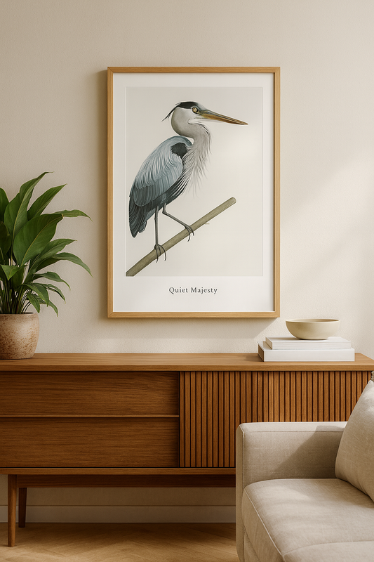 Framed bird print on a wall above a wooden cabinet with a plant and books.