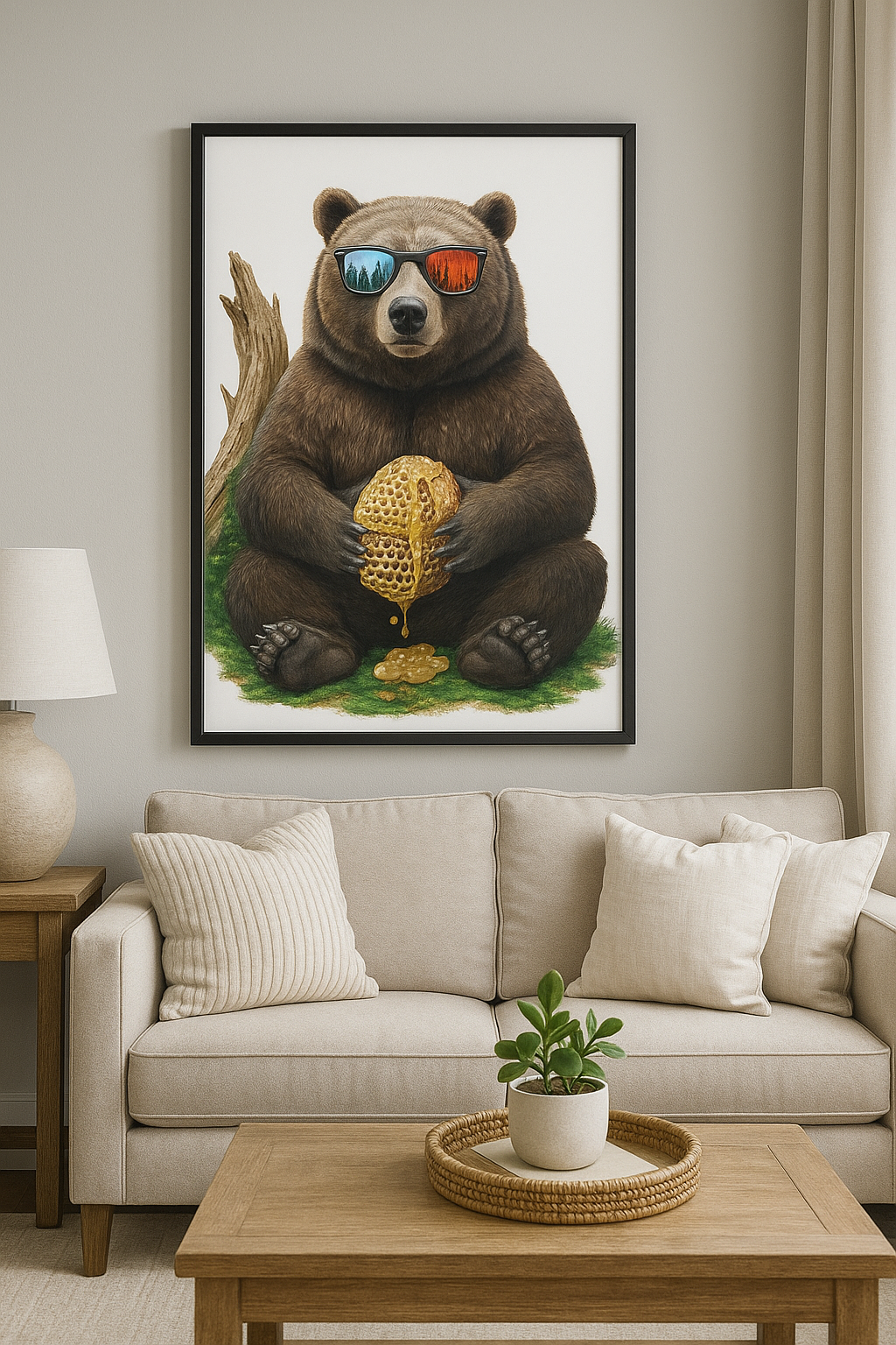 Framed artwork of a bear holding honeycomb and sunglasses in a living room.