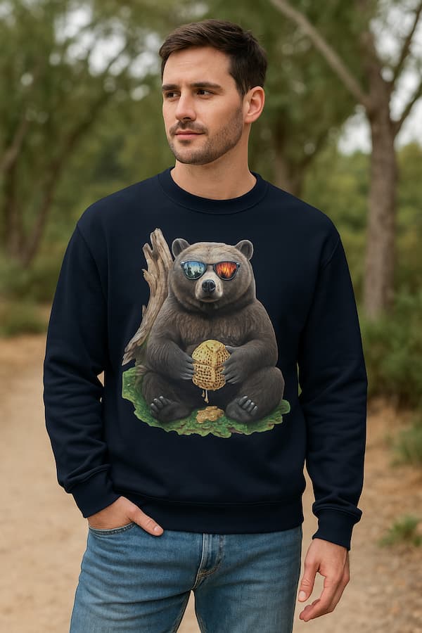 Man wearing a black sweatshirt with a bear graphic outdoors