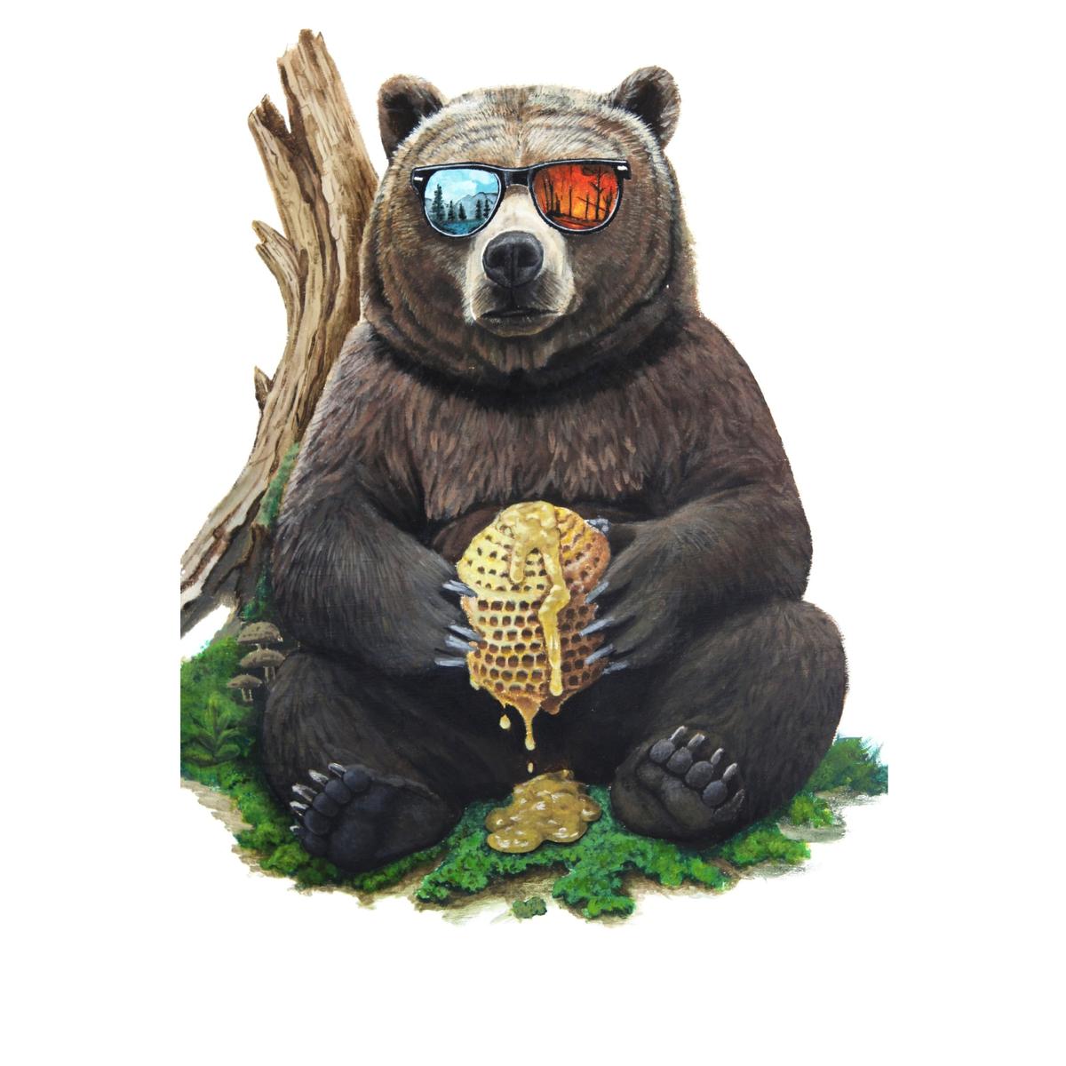 Bear wearing sunglasses holding a honeycomb with a white background