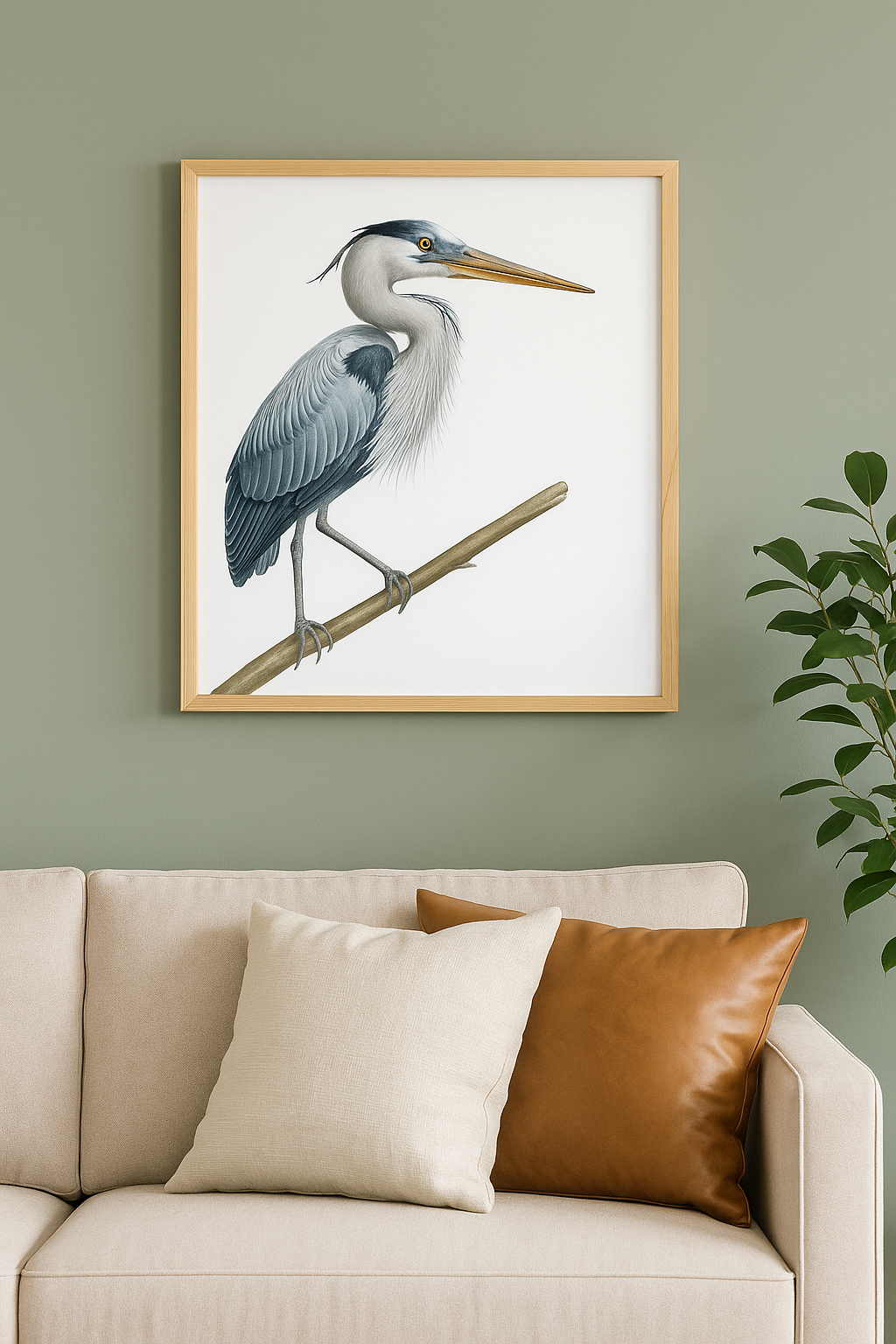 Framed artwork of a heron on a wall above a beige sofa with pillows.