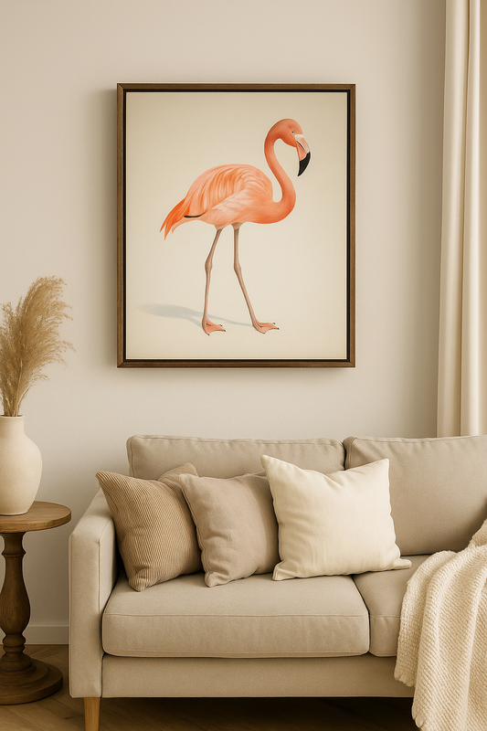 Flamingo artwork on a wall above a beige sofa with decorative pillows.