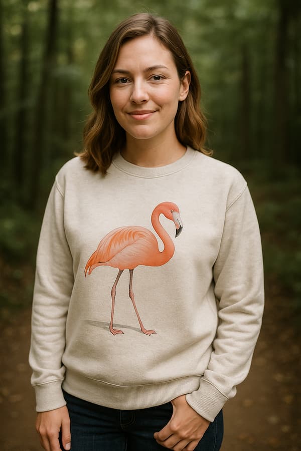 Person wearing a beige sweatshirt with a flamingo design in a forest setting