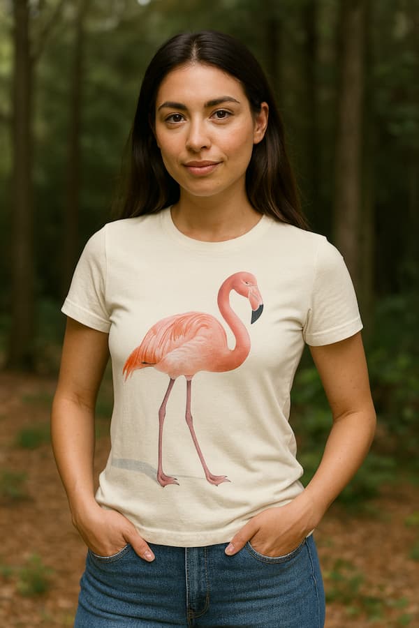 Woman wearing a t-shirt with a flamingo design in a forest setting