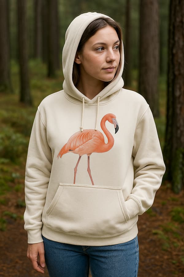 Woman wearing a beige hoodie with a flamingo design in a forest setting