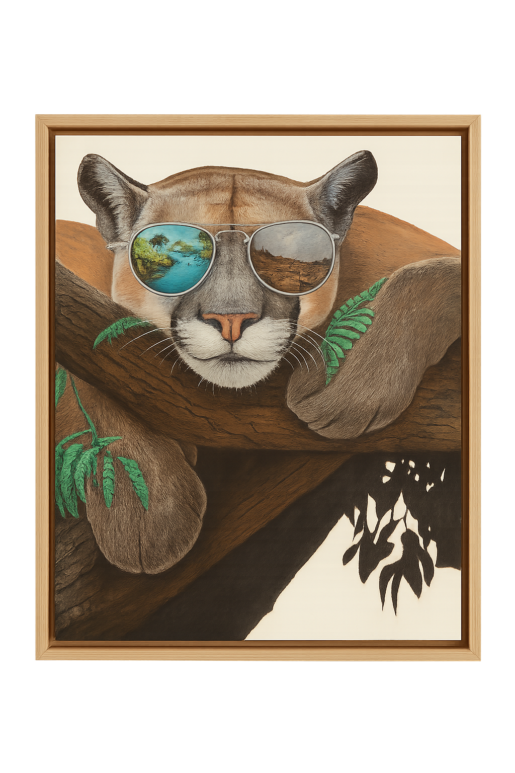 Framed artwork of a mountain lion wearing sunglasses with a natural landscape reflection.