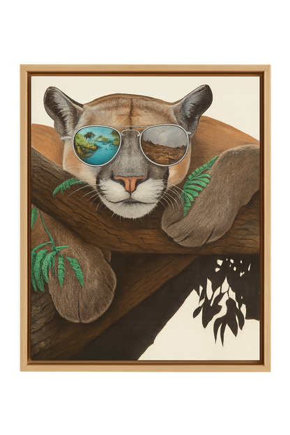 Framed artwork of a mountain lion wearing sunglasses with a natural landscape reflection.