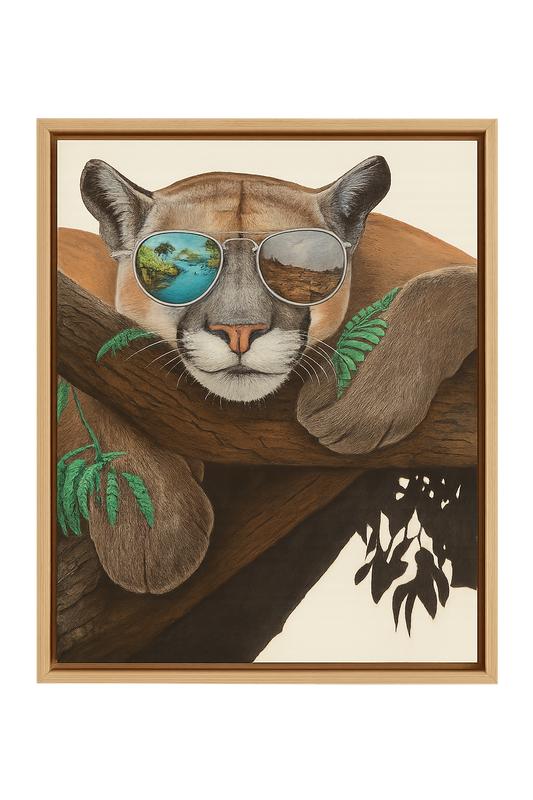 Framed artwork of a mountain lion wearing sunglasses with a natural landscape reflection.