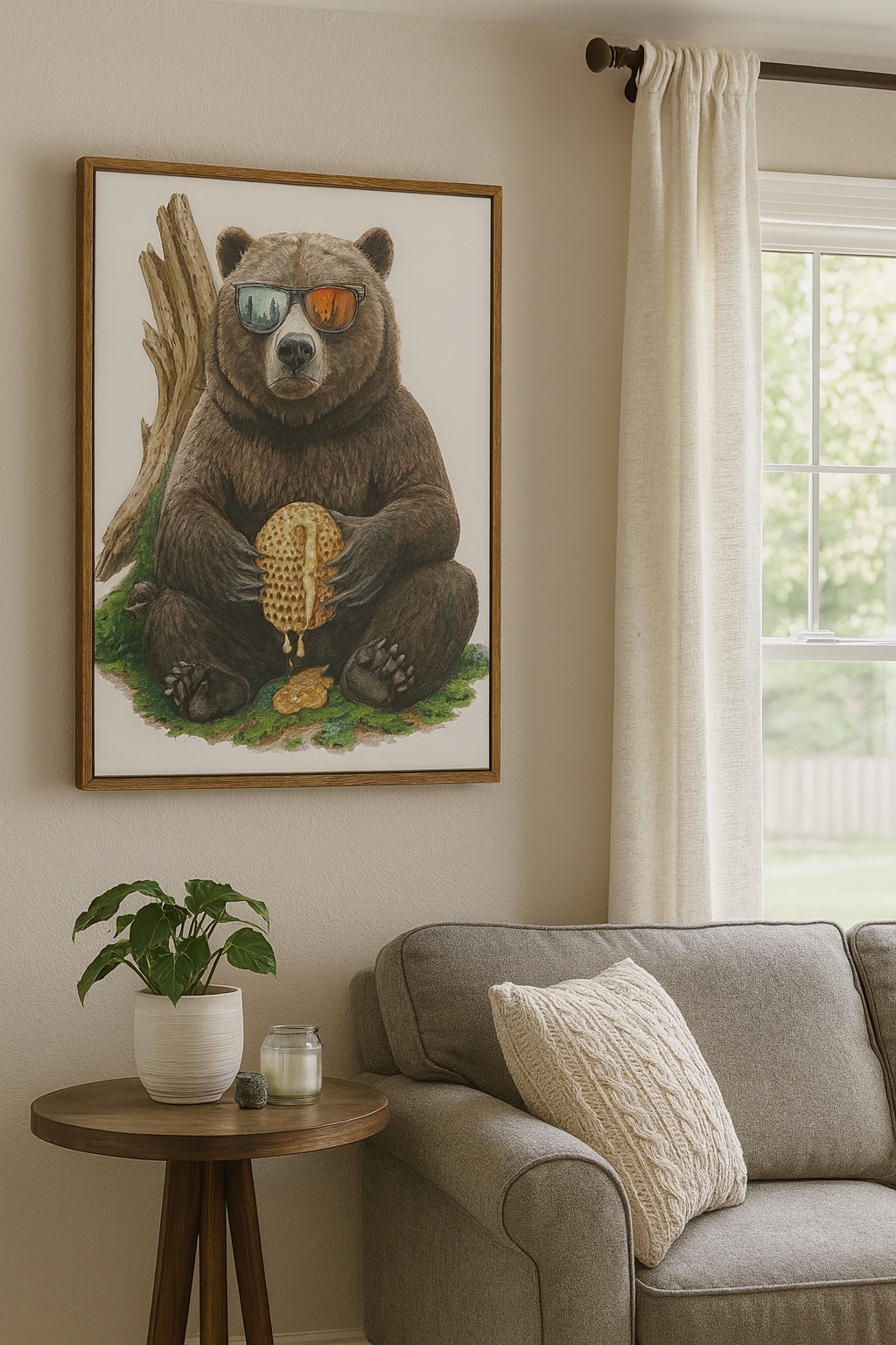 Framed artwork of a bear holding corn on a wall above a sofa.