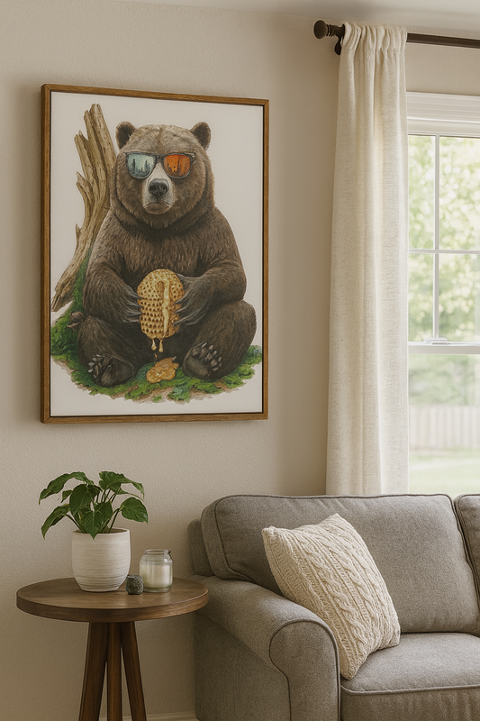 Framed artwork of a bear holding corn on a wall above a sofa.