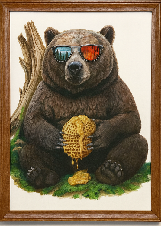 Illustration of a bear wearing sunglasses holding honeycomb with a wooden frame.