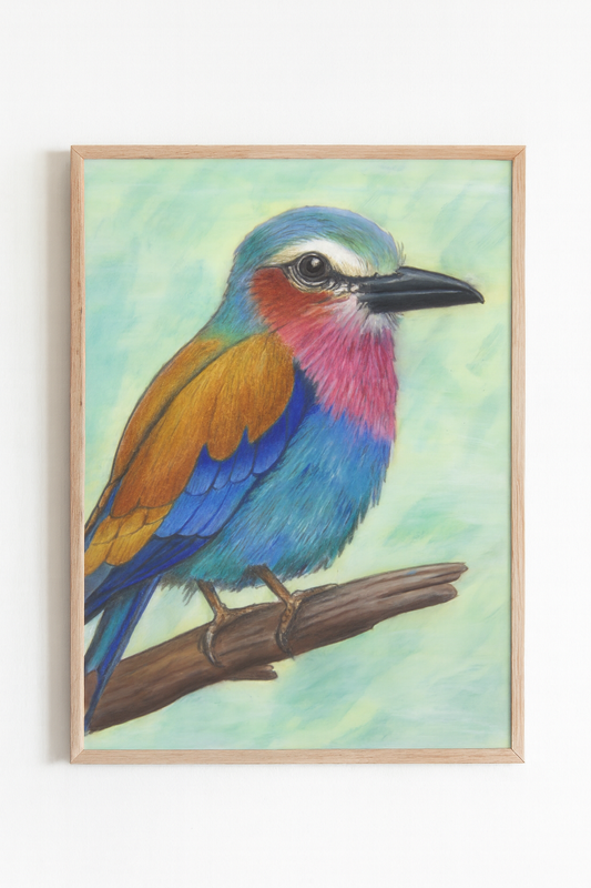 Framed painting of a colorful bird on a branch with a light green background