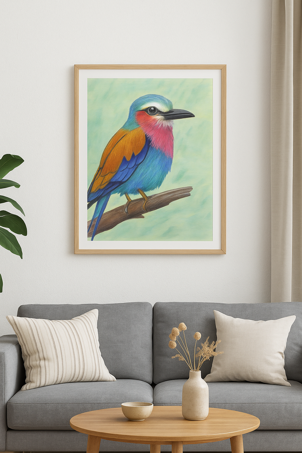 Framed colorful bird painting on a wall above a gray sofa with decorative pillows.