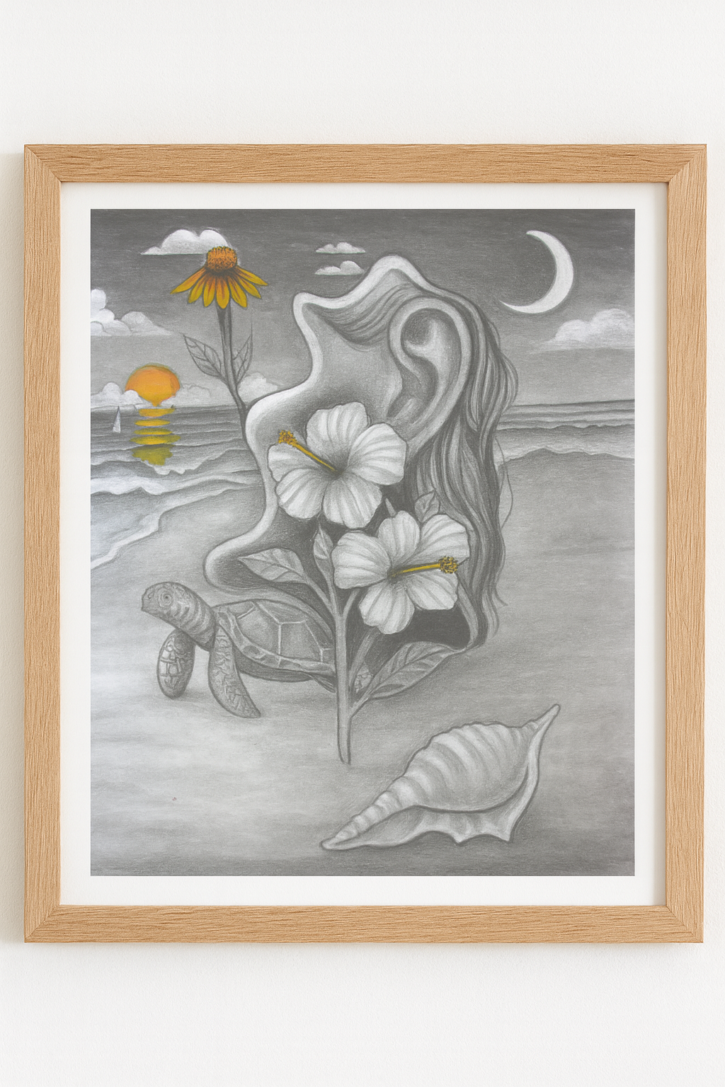 Framed artwork with a stylized illustration of a woman's face made from natural elements on a gray background.