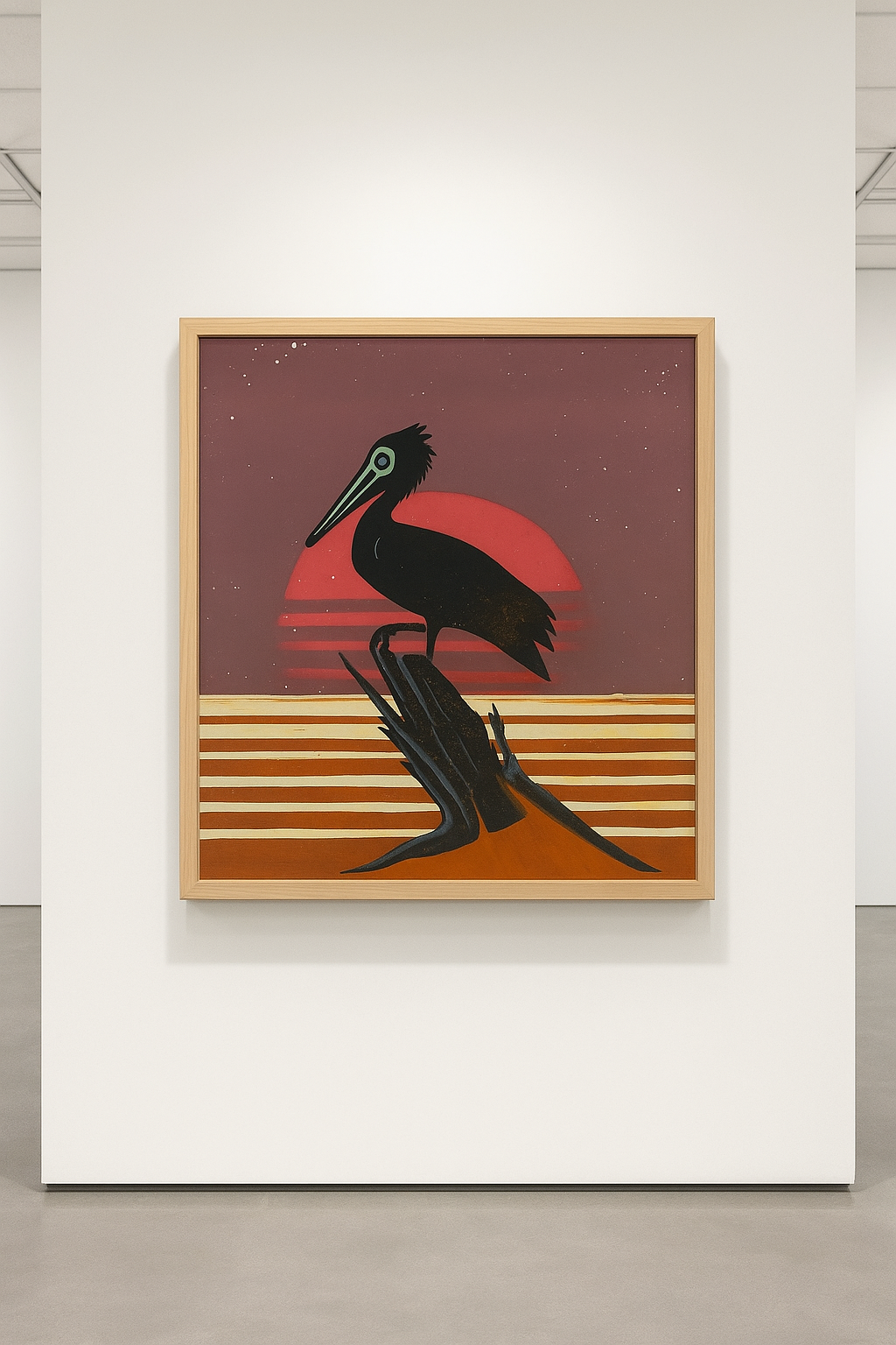 Framed artwork of a black bird silhouette on a red and orange background, displayed on a white wall.