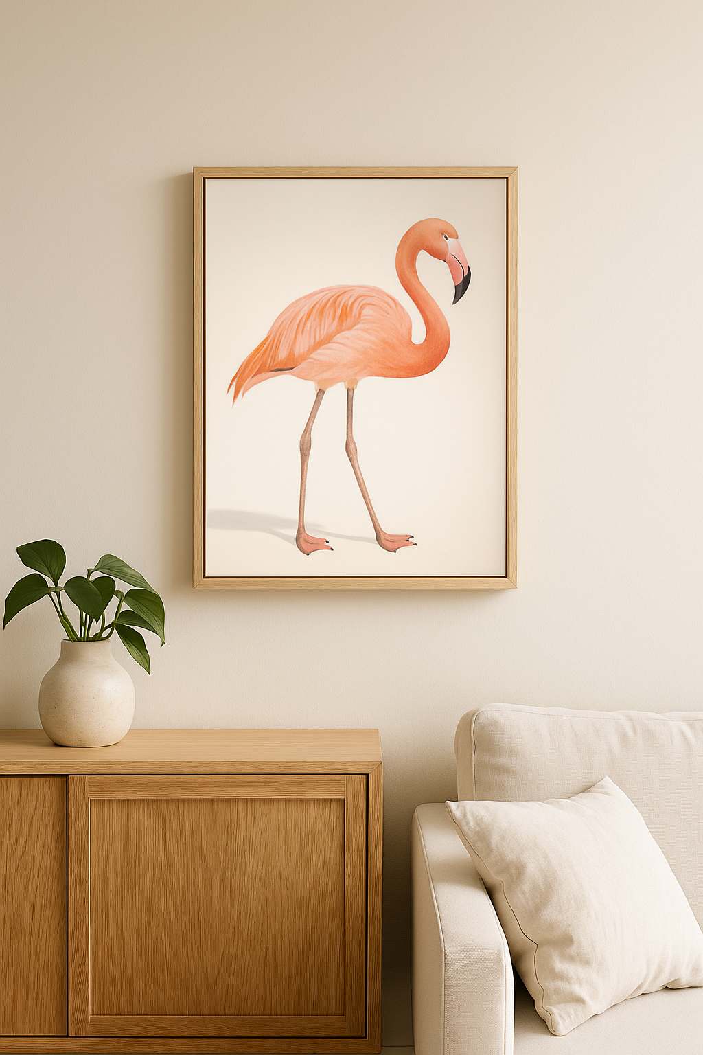 Framed artwork of a pink flamingo on a wall above a wooden cabinet and sofa.