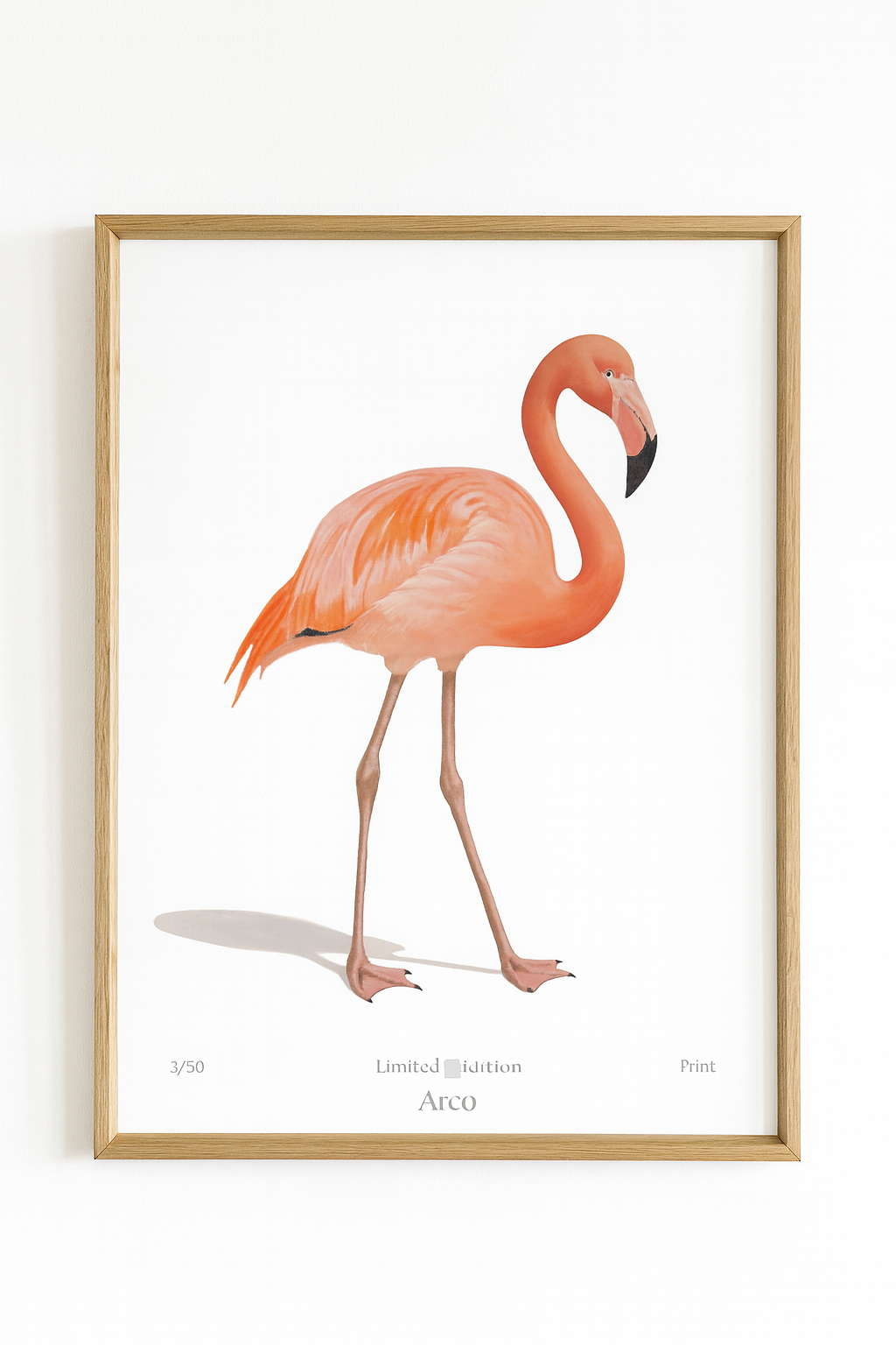 Framed artwork of a pink flamingo on a white background
