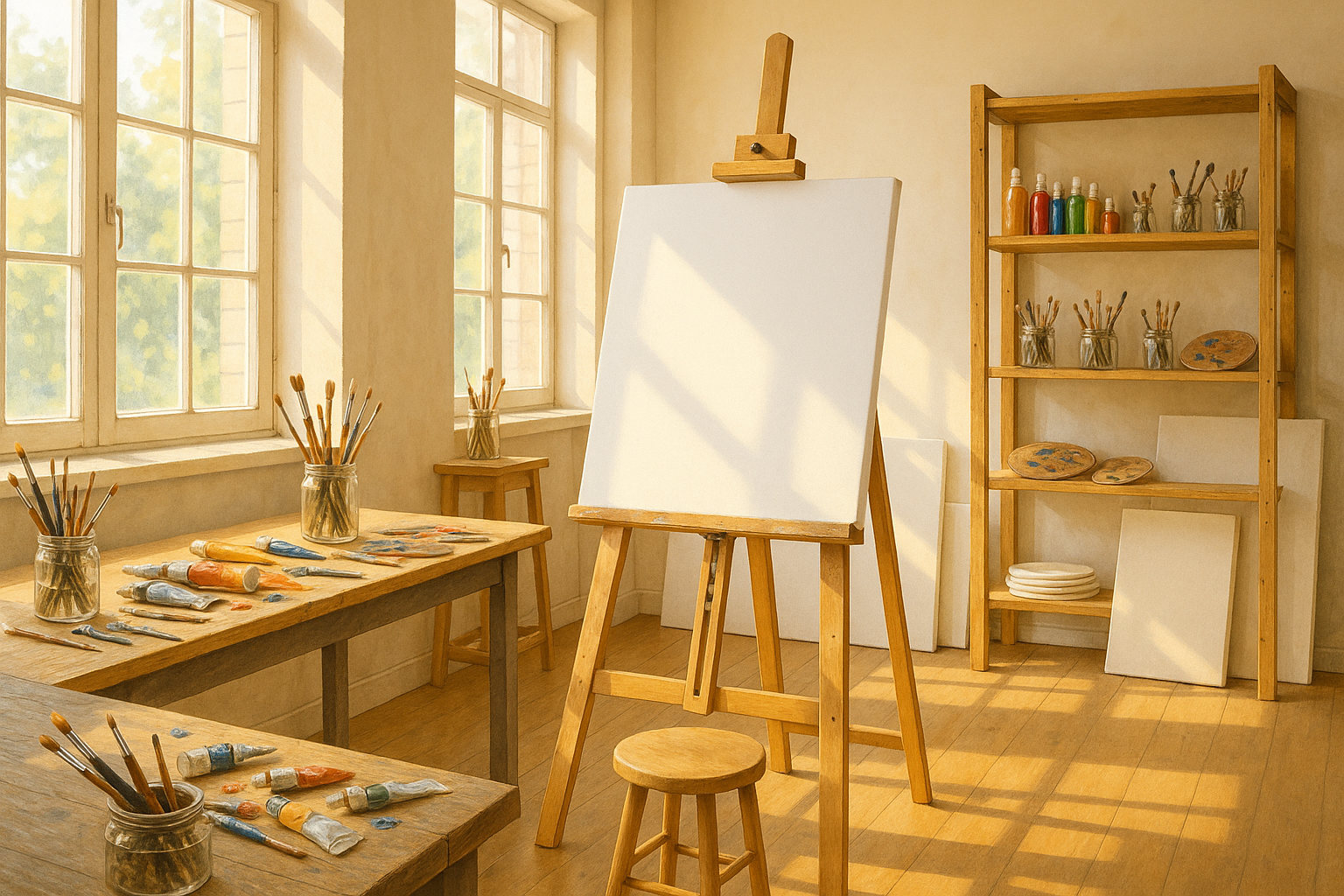 art studio with easel and blank canvas setup