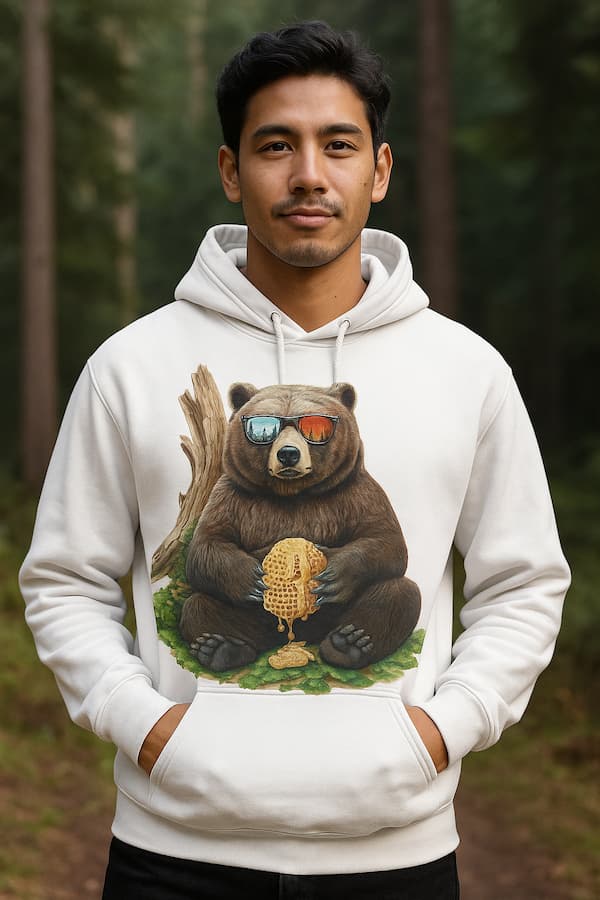 Person wearing a hoodie with a bear design in a forest setting