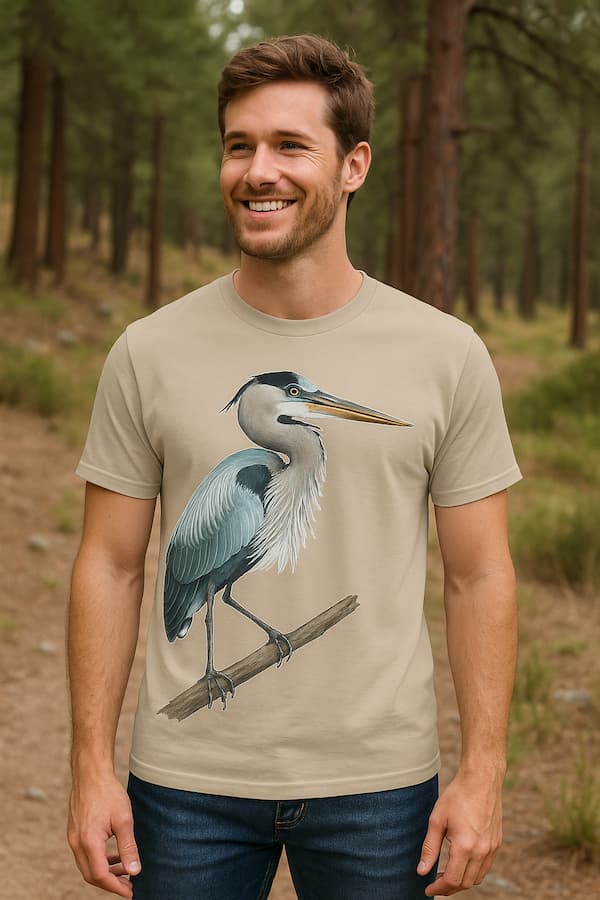 Man wearing a beige t-shirt with a bird design in a forest setting