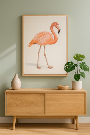 Framed flamingo artwork above a wooden cabinet with decorative items.