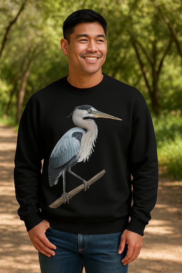 Man wearing a black sweatshirt with a heron design outdoors